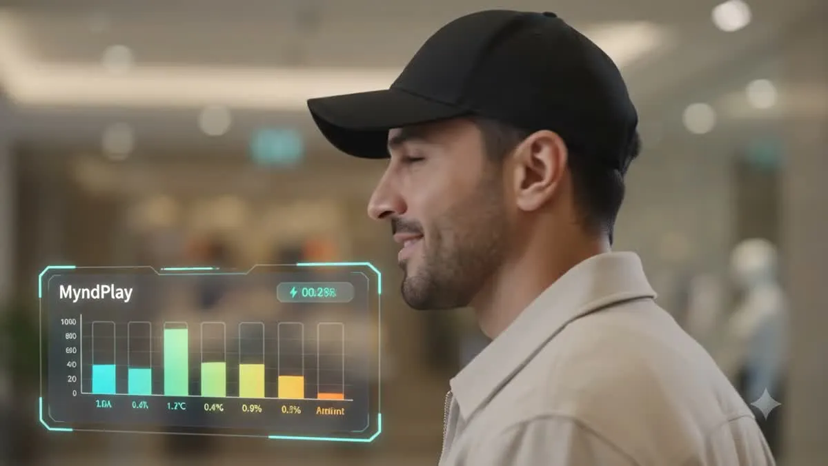 A shopper wearing the MyndPlay cap in a showroom
